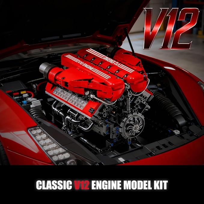 V12 Engine Model Kit That Runs 12-Cylinder Sports Car Engine Building Set with Rechargeable Motor Compatible with Lego for Adults Engineering Construction STEM Toy for Teens (1607 PCS)