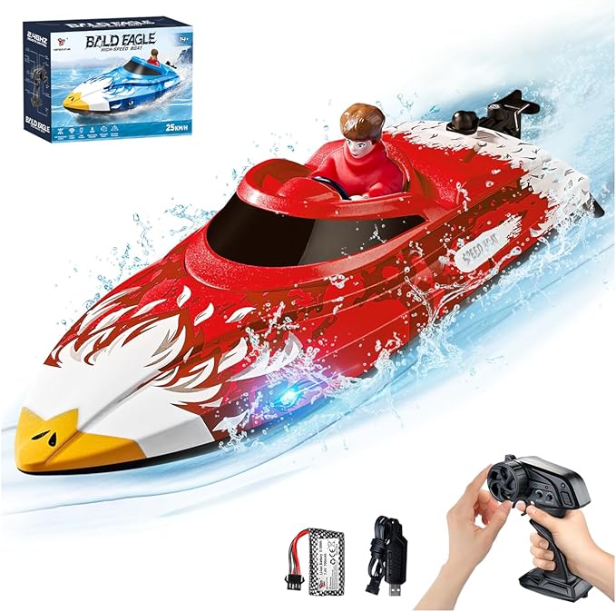 25KMH RC Remote Control Boat with LED Lights Self-Righting Low Battery Alert 2.4GHz with 800 mAh Lithium battery Waterproof Electric Fast Speed Boat for Pool &amp Lake Toy for Boys Girls Red