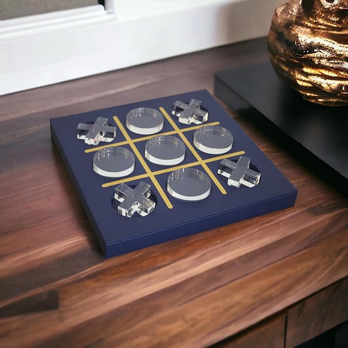 Modern Tic Tac Toe for Home Decoration with Blue Leather and Acrylic Pieces Decorative Table Top Housewarming Gift