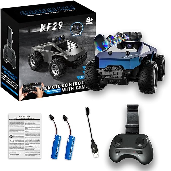 1:28 Scale FPV Monster Truck RC Cars with 720P HD Camera 2.4GHz Remote Control Car All-Terrain Off-Road RC Truck with Body Light 2 Rechargeable Batteries Toy Gift for Kids Adults Boys