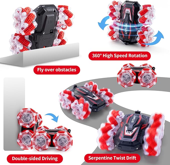 RC Stunt Car Double-Sided 360° Flips 4WD 2.4 GHz Gesture Sensing RC Cars with Cool Lights and Music for Boys Aged 6-12 Great Birthday Presents Toy Cars (Red)