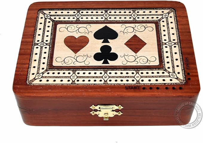 House of Cribbage - 2 Track - Wooden Cribbage Board/Box - Inlaid in Bloodwood/Maple Wood - Storage for Pegs &amp One Deck of Cards - 60 Points - Non Continuous