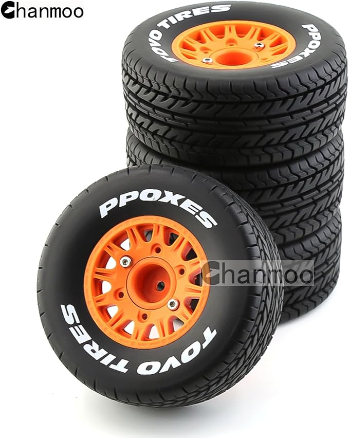 1/10 RC Short Course Truck Tires And Wheels With 12mm 14mm 17mm Hex 113mm 1/8 Rubber Tyres For 1/8 or 1/10 Scale On Road Car HSP Sonic 94102 GT PTG-2 Tamiya TT02 RC Racing Car 4PCS (Orange A)