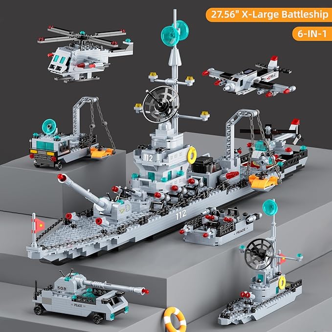 Battleship Building Block Set 6-in-1 X-Large WW2 Military Battle Ship Aircraft Carrier Toys Navy Warship MOC Model Kits Ideas Birthday for Adults Men Boys Age 8-12 8-14 8+