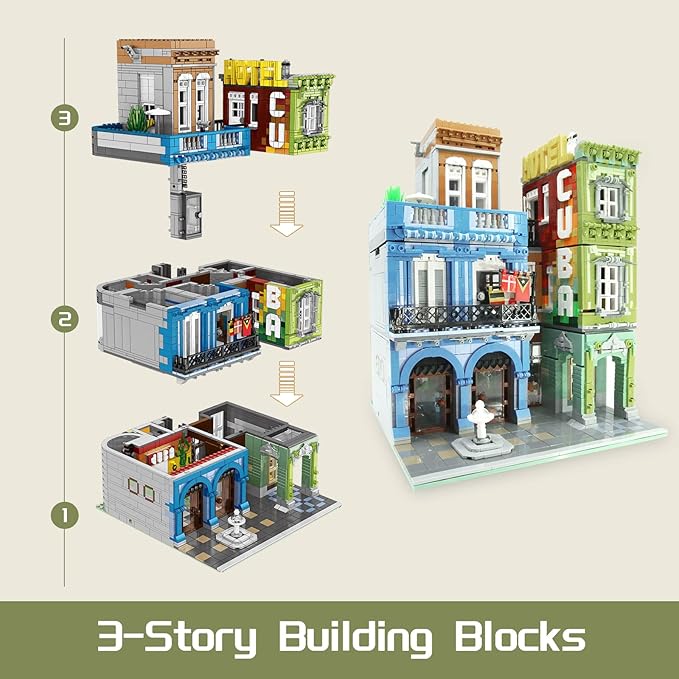 ZenithFlow Street View Building Blocks Kit Cuba Hotel Mini Blocks Construction Toys European Architecture Model House Store Building Set Idea Gifts Home Decoration Collection for Adults (3959 PCS)