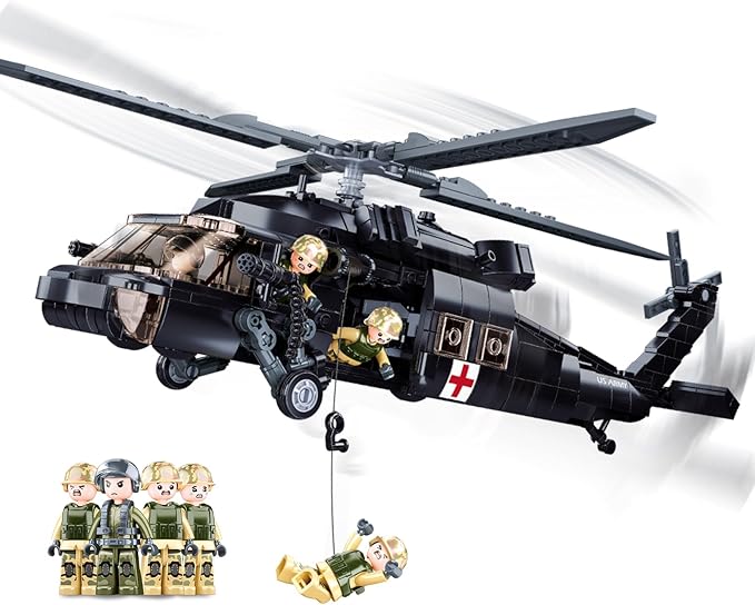 UH-60 Black Utility Helicopter Building Set for Adults Compatible with Lego Military Army Airplane Hawk Plane Model Kit with 4 Soldier Figures Birthday Gift Toys for 8-14 Boys Kids (692 PCS)