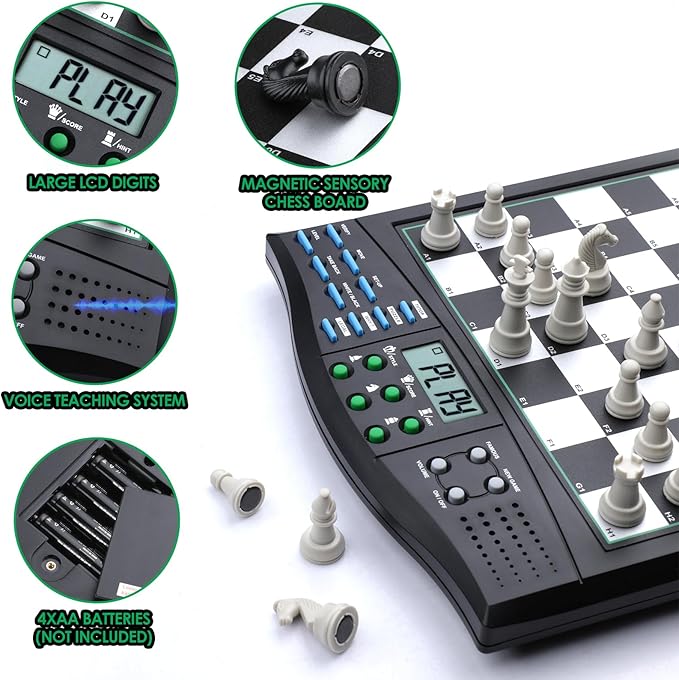 Talking Chess Academy Electronic Chess Board Smart Chess Board with Voice Teaching System Computer Chess Game with Strong Magnetic Pieces 1-2 Player Electronic Chess Set - Simple Portable Travel