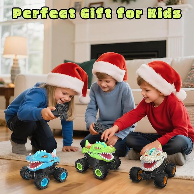 Dinosaur Remote Control Car 2.4GHz Monster Truck Toys Rechargeable RC Cars 1:24 Scale RC Truck with LED Light Movable Mouth Dinosaur Cars Toys for Kids Boys 6-8 8-12 Birthday Gift Green