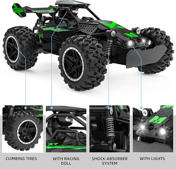ACAMMZAR Remote Control Car 1:18 High Speed RC Cars for Kids 20KM/H Monster RC Truck Off Road with Lights Toys for Boys Green