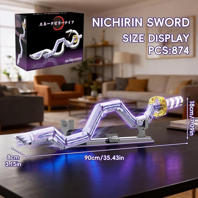 Anime Snake Sword Building Set 836 Pieces Twisted Serpent Blade Katana (34 Inch) Purple &amp White Nichirin Style Cosplay Prop with Scabbard &amp Stand Japanese Manga Gift for Teens &amp Adults