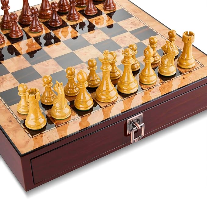 AMEROUS 17 inches Wooden Chess Set with High Polymer Weighted Chess Pieces / 2 Built-in Storage Drawers / 2 Extra Queens / 3.75'' King Classic Board Game