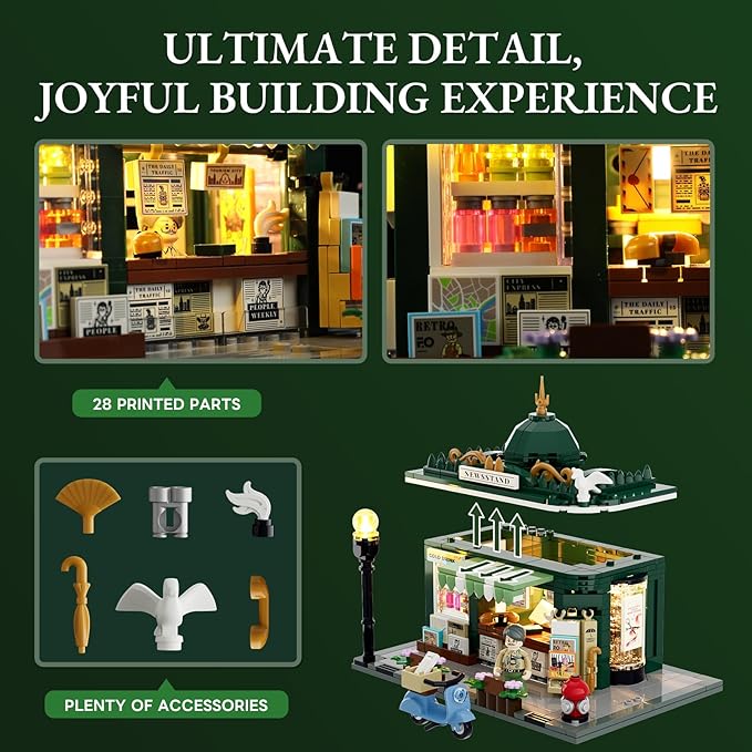 Newsstand Lighting Building Bricks Set - City Town Life Newsstand LED Light Construction Building Model Set 556 Pcs for Adults and Teen