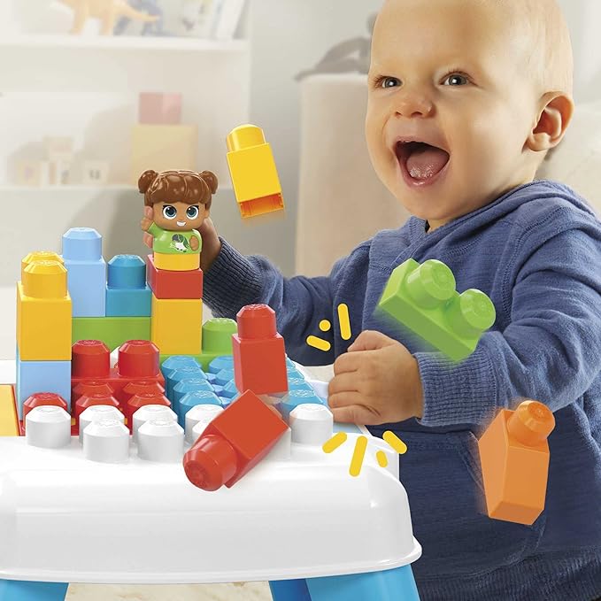 Mega Bloks Fisher-Price Toddler Blocks Toy Set Build ‘n Tumble Activity Table with 25 Pieces and Storage 1 Figure Blue Ages 1+ Years