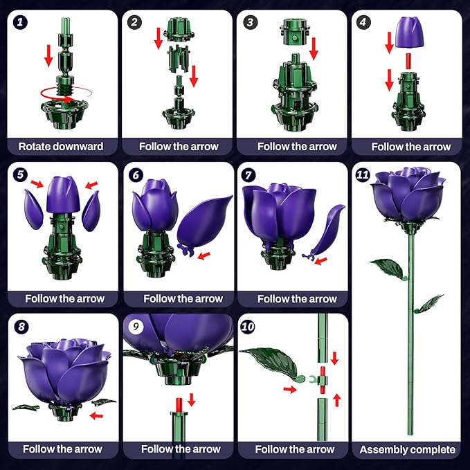 Purple Rose Bouquet Building Set for Girls &amp Boys - 12 Pack Botanical Collection Gift for Easter Basket Artificial Flowers Botanical Collection Centerpiece Retro Decor
