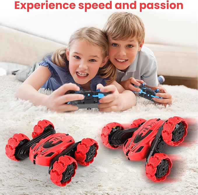 RC Stunt Car 360° Flips &amp Double-Sided Remote Control Truck with LED Lights 2.4GHz High Speed All Terrain Off-Road Toy Car Gift for Boys Girls Kids Ages 6-12 (Red)