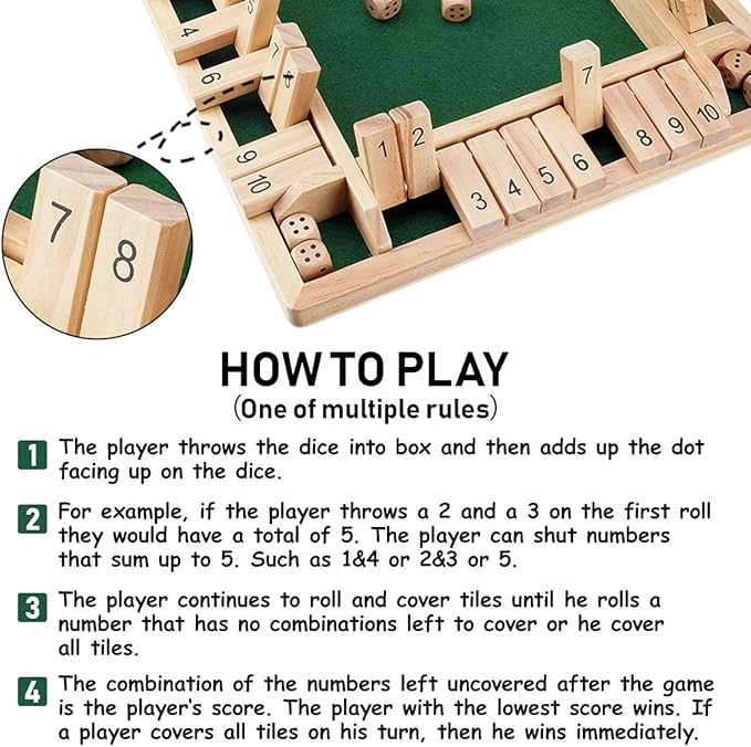 Ropoda Wooden Shut The Box Game (2-4 Players) - Large 4 Sided Board 8 Dice Rules - Amusing Addition Game for Kids &amp Adults 12 Inch