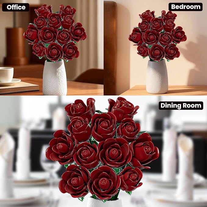 Burgundy Red Rose Bouquet Building Set for Girls &amp Boys - 12 Pack Botanical Collection Gift for Easter Basket Artificial Flowers Botanical Collection Centerpiece Retro Decor