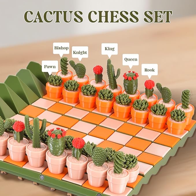 Cactus Chess Set - 3D Printed Cactichess - Roll Up Portable Travel Chess Board - Easy to Store Cactus Magnetic Chess Set Fun Chess Gift for Plant Lovers