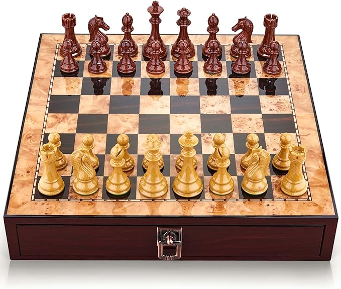 AMEROUS 17 inches Wooden Chess Set with High Polymer Weighted Chess Pieces / 2 Built-in Storage Drawers / 2 Extra Queens / 3.75'' King Classic Board Game