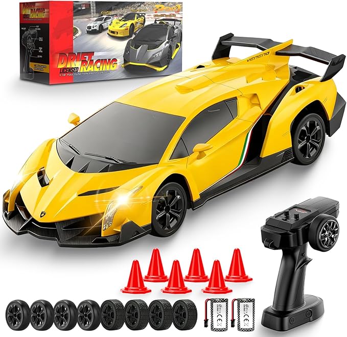 Lamborghini Remote Control Car for Boys 3-7 1:18 Scale Lambo Toy Car Official LicensedRC Drift Car 20Km/h with LED Lights 2.4GHz RC Cars for Adults Boys Girls 8-12 Birthday Gifts (Yellow)