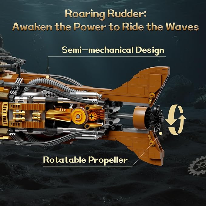 PANTASY Steampunk Nautilus Submarine Building Set Modular 3-Section Design with Gear-Linked Propeller Mini Boat &amp Undersea Adventure Scene Retro Mechanical Collectible Model Kit for Adults
