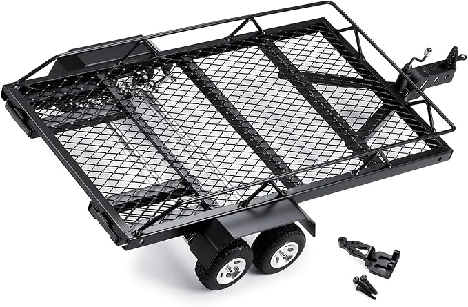 RC Trailer for Hauling Behind Car - Metal Hitch Mount Trailer with 4 Tires Heavy Duty Truck and RC Rock Cars Trailer for 1/18 RC Crawler TRX4M Defender Bronco K10 High Trail F150