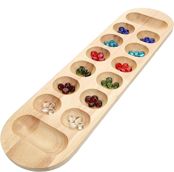 WE Games Classic Mancala Board Game 22 inch Large Natural Wood Board with Assorted Glass Mancala Stones African Stone Game Table Top Décor
