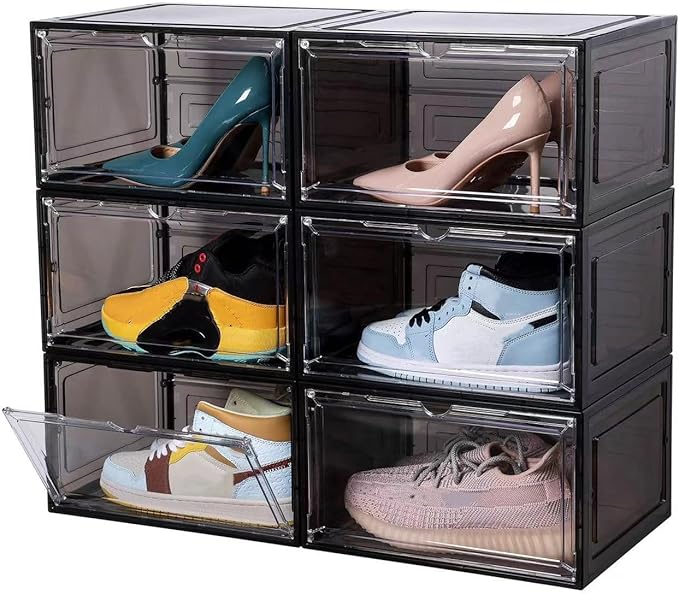 Attelite Large Clear Shoe Box OrganizerPlastic Stackable Shoe Storage Box with Magnetic Door Large Clear Door Shoe Containers for Display Sneakers Easy Assembly（Black）