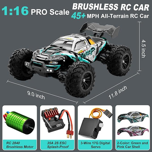 1:16 Scale Brushless RC Car for Adults 45+ MPH High Speed 4WD Waterproof Off-Road All-Terrain RC Truck with 2 Batteries &amp 2.4GHz Controller (1:16 Scale Brushless)