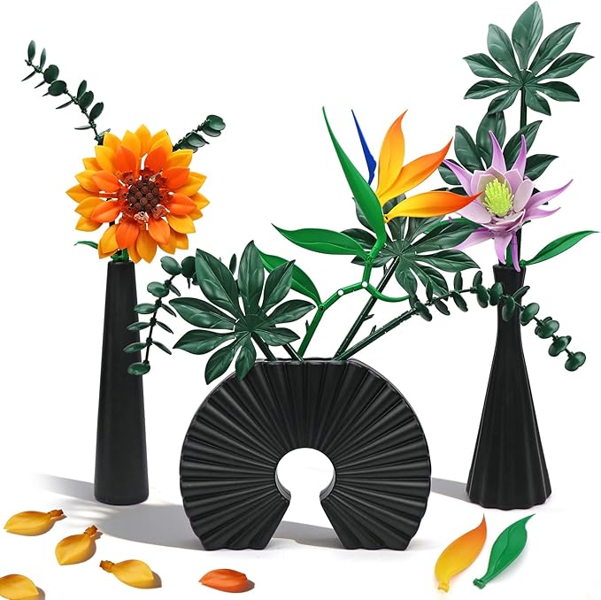 Flowers Building Sets with Leak-Proof Plastic Vases for Building Flowers Compatible with LEGO Botanicals Sunflower Collection Building Toys Home Office Desk Decor Gifts for Women Adults Girlfriend