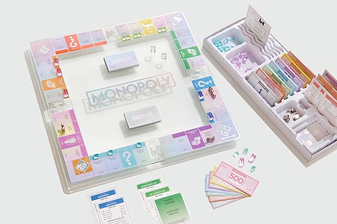 WS Game Company Monopoly Aura Edition Iridescent Tempered Glass Board Crystal-Clear Acrylic Houses Metallic Tokens Foil Cards &amp Tray Family Board Games for 2-6 Players Ages 8+