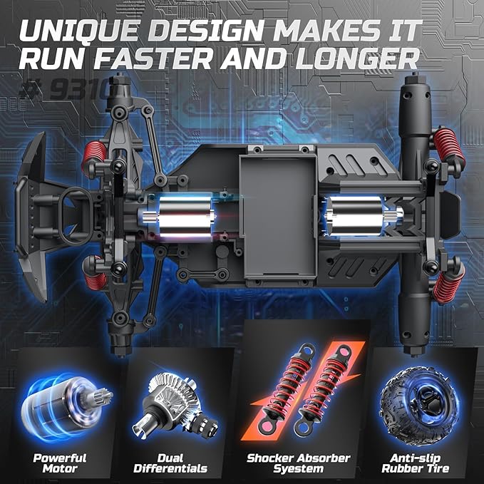DEERC RC Cars High Speed Remote Control Car for Adults Kids 30+MPH 1:16 Scales 4WD Off Road RC Monster TruckFast 2.4GHz All Terrains Toy Trucks Gifts for Boys2 Batteries for 40Min Play