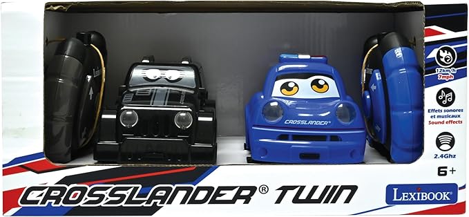 Lexibook Crosslander® Twin Set of 2 Radio-Controlled Cars (Police car Thieves' car) up to 12 km/h Sound and Light Effects 2 Remotes Black/Blue RC12