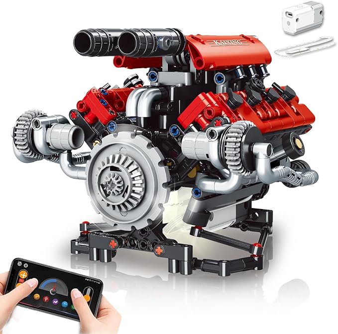 V8 Engine Model Kit That Work - 8-Cylinder Visible Engine Building Blocks Set with Motor LED Light &amp APP Control - Build Your Own Engineering Kit STEM Project for Adults &amp Kids (660 PCS)