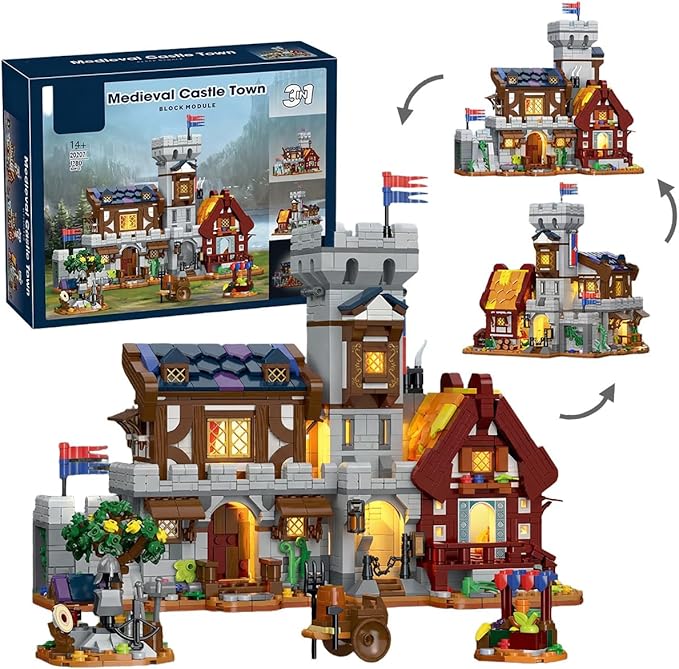3 in 1 Medieval Cabin Knight Castle Town Square Center Building Set 3 Storytelling Viking Village Sets for Adult House Collection Toy Creative Present for Enthusiasts 1760PCS