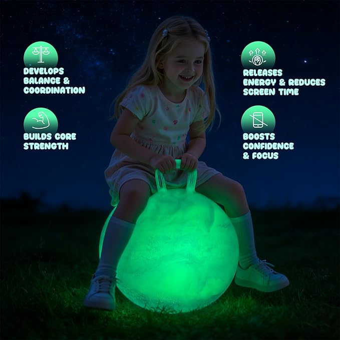 PlayZap Glow in The Dark Hopper Ball for Kids 6-12 Night Light Bouncy Ball with Handle 20 Inch Inflatable Hippity Hop Jumping Hopping Toys Girls Boys Gifts for Indoor Outdoor