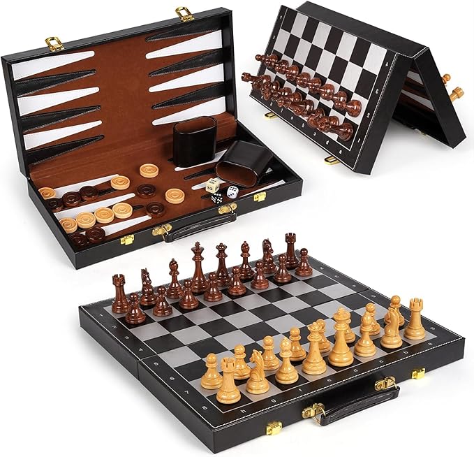 3 in 1 Magnetic Chess Set &amp Checkers Backgammon Board Game Set 15 Wooden Folding Chess Board Tournament Portable Travel Chess Set Beginner Chess Board Game for Adults &amp Kids