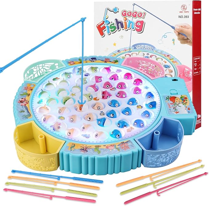 Light Up Fishing Game Toys Rotating Board Game with Music Including 45 Fishes and 8 Fishing Poles Party Game Toys for Kids Age 4 5 6 7 8 and Up