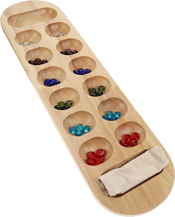 WE Games Classic Mancala Board Game 22 inch Large Natural Wood Board with Assorted Glass Mancala Stones African Stone Game Table Top Décor