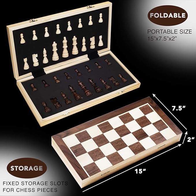 AMEROUS 15 Inches Magnetic Wooden Chess Set - 2 Extra Queens - Folding Board - Pieces Storage Slots Handmade Portable Travel Chess Game - Beginner Chess Set for Kids 6 up Age