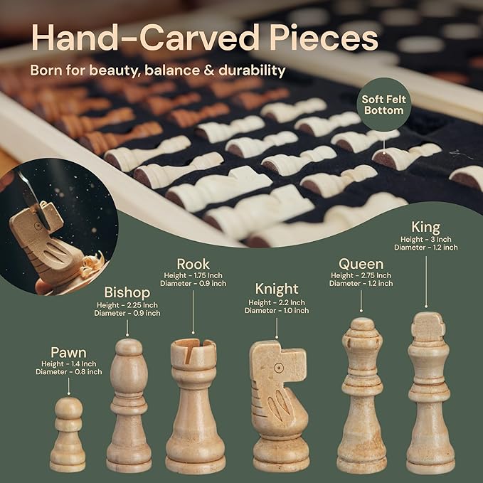 PlayVibe Wooden Chess Set 15'' Board Games for Families with 2 Extra Queens - Handmade Wooden Chess &amp Checkers Portable Folding Travel Board Outdoor Park &amp Garden Play Spring Gift for Adult