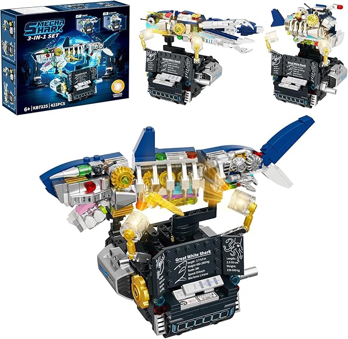 Mechanical Shark 3 in 1 Building Set 423pcs Compatible with Lego Shark Lantern Fish Octopus Models Deep Sea Ocean Kit Interactive Moving Base with Handle Control STEM Educational Toy for Kids 6+