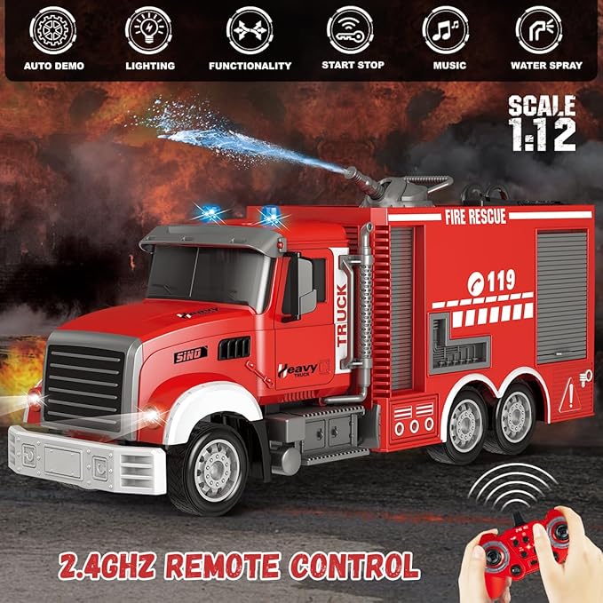 RC Fire Truck Toy - Remote Control Toy Fire Truck - Rescue Fire Engine 11 CH with Rotating Water Spraying Pump Lights Sounds 2.4G Firetruck Toy for Kids Boys