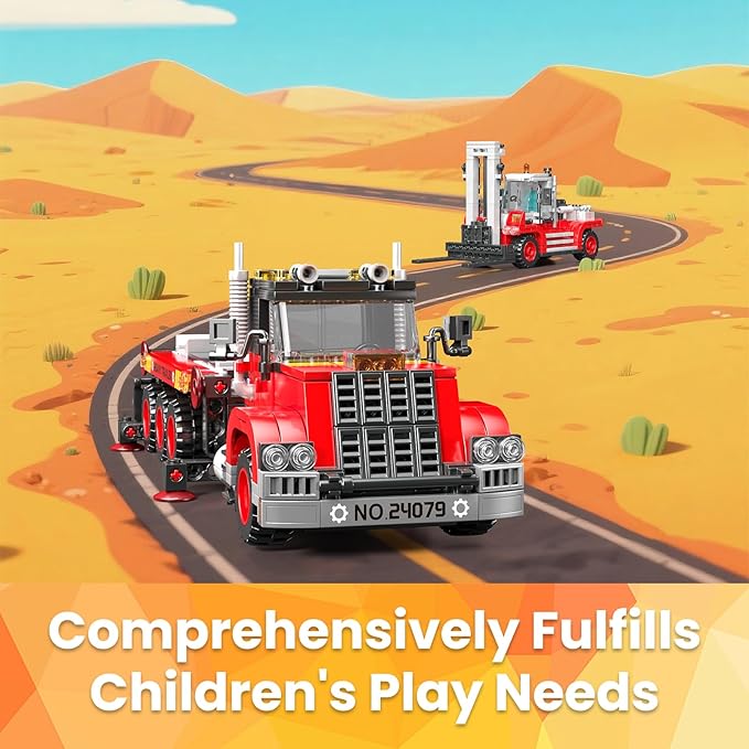 Mould King Trailer Toy Building Block Realistic American Style Semi Truck Model Building Sets for Boys Girls Ages 8+ 24079 STEM Toy with Forklift Truck Collectible Model for Adults (906 PCS)