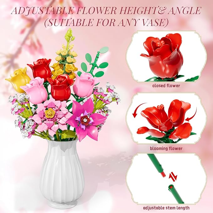 Flowers Bouquet Building Set Pink Roses Flores Set for Adults 765 PCS Botanical Collection Building Block Toy Home Decor Gifts for Valentine's Day Birthday Artificial Flowers for Women Kids 6+
