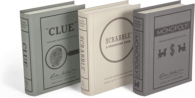 WS Game Company Vintage Board Games Bookshelf Collection - Scrabble Monopoly &amp Clue in Book-Style Cases for Family Game Night Classic Board Games for 2-6 Players Ages 8+