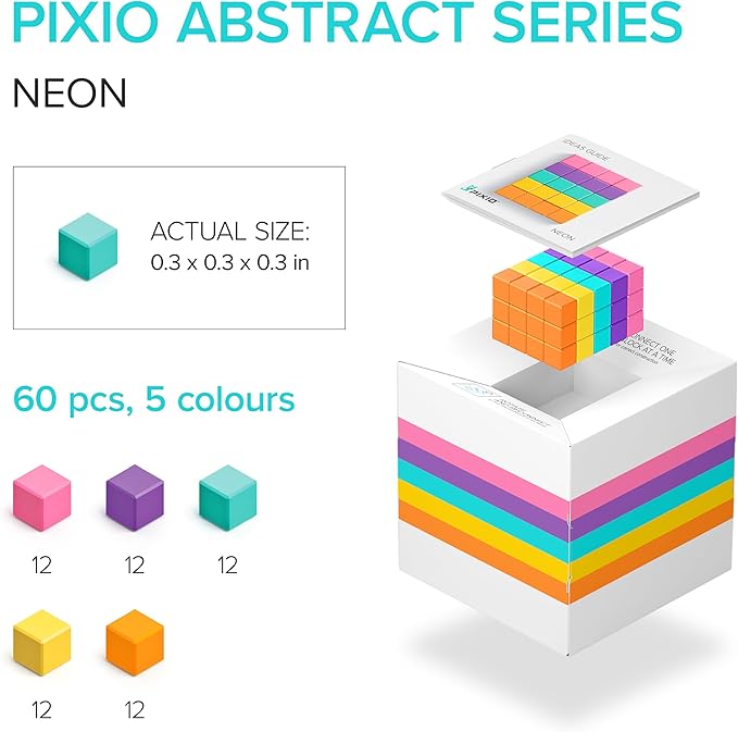 PIXIO NEON - Tiny Magnetic Blocks Building Toy in The Pixel Art Style with Free App - 5/16 Plastic Cubes with 6 Magnets Inside - Open Ended Toy - Creativity Kit for Ages 6+ - 60pcs
