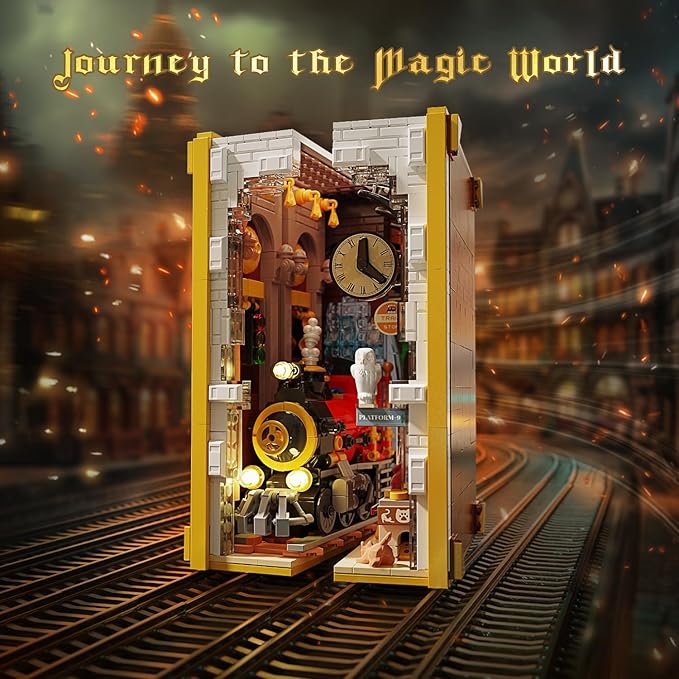 HOGOKIDS Magic Train Station Book Nook Building Set with Light 1300 PCS Booknook Building Toys for Bookshelf Home Decor DIY Miniature House Model Kit Gifts for Adults Boys Girls Age 10+