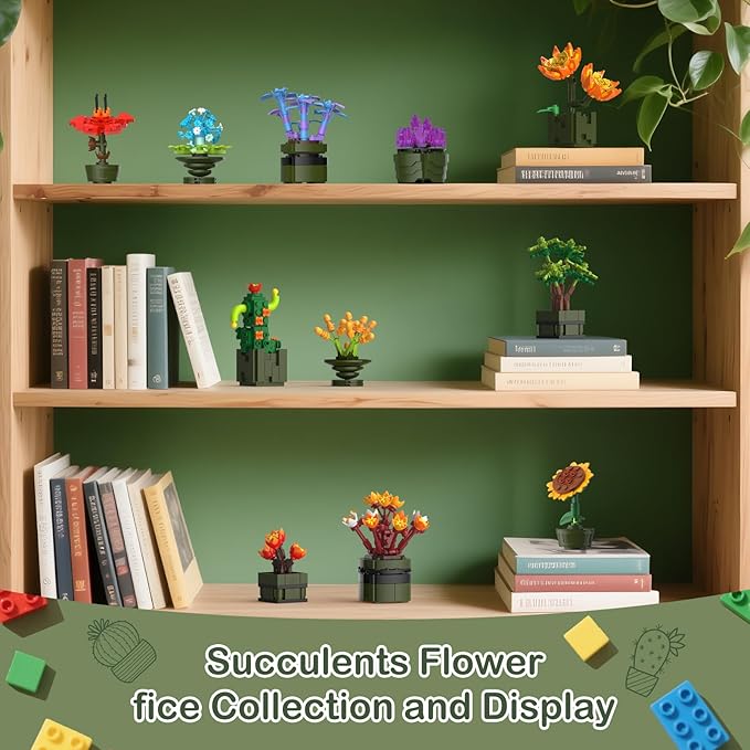 Flower Building Set for Adults Women (987 Piece) - 12Pcs/Set Mini Succulents Plant Bonsai Model for Home Decor Botanical Collection Blocks Toy Gifts for Building Blocks Lover