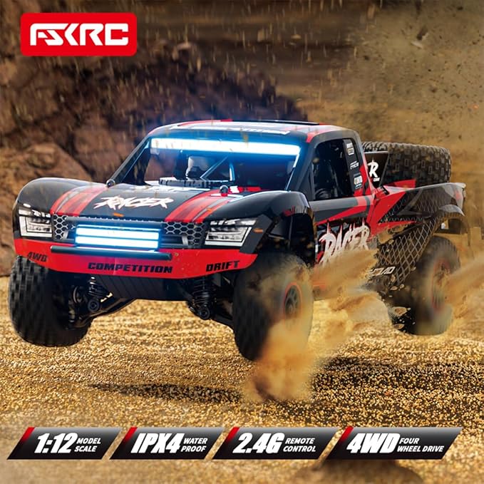 RD12 1/12 Scale 4WD Full-Proportional Brushed RC Drift Car with Gyroscope 7-Color LED Roof Light &amp Front/Rear LEDs Indoor/Outdoor Racing Car Gift for Adults &amp Teens (Red)